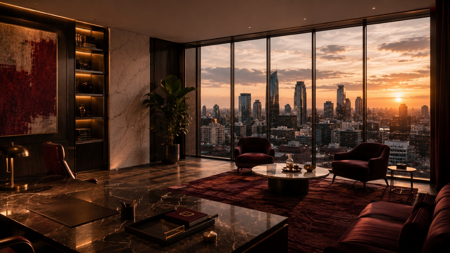 A private penthouse office at sunset, marble surfaces, burgundy velvet chairs, floor-to-ceiling city view.