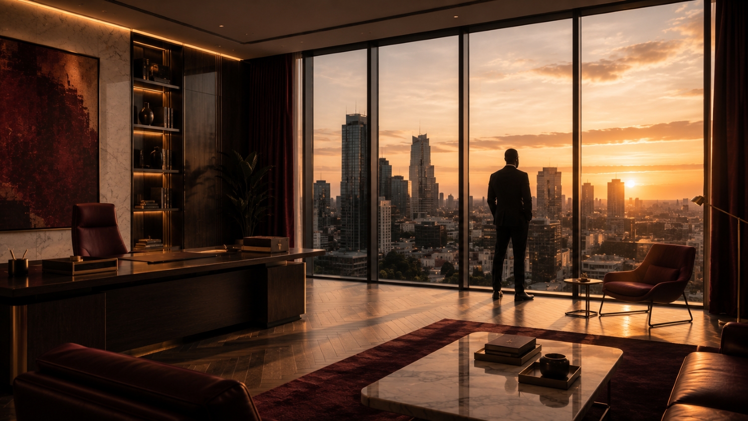 A suited figure stands silhouetted against a sunset city skyline through floor-to-ceiling windows.