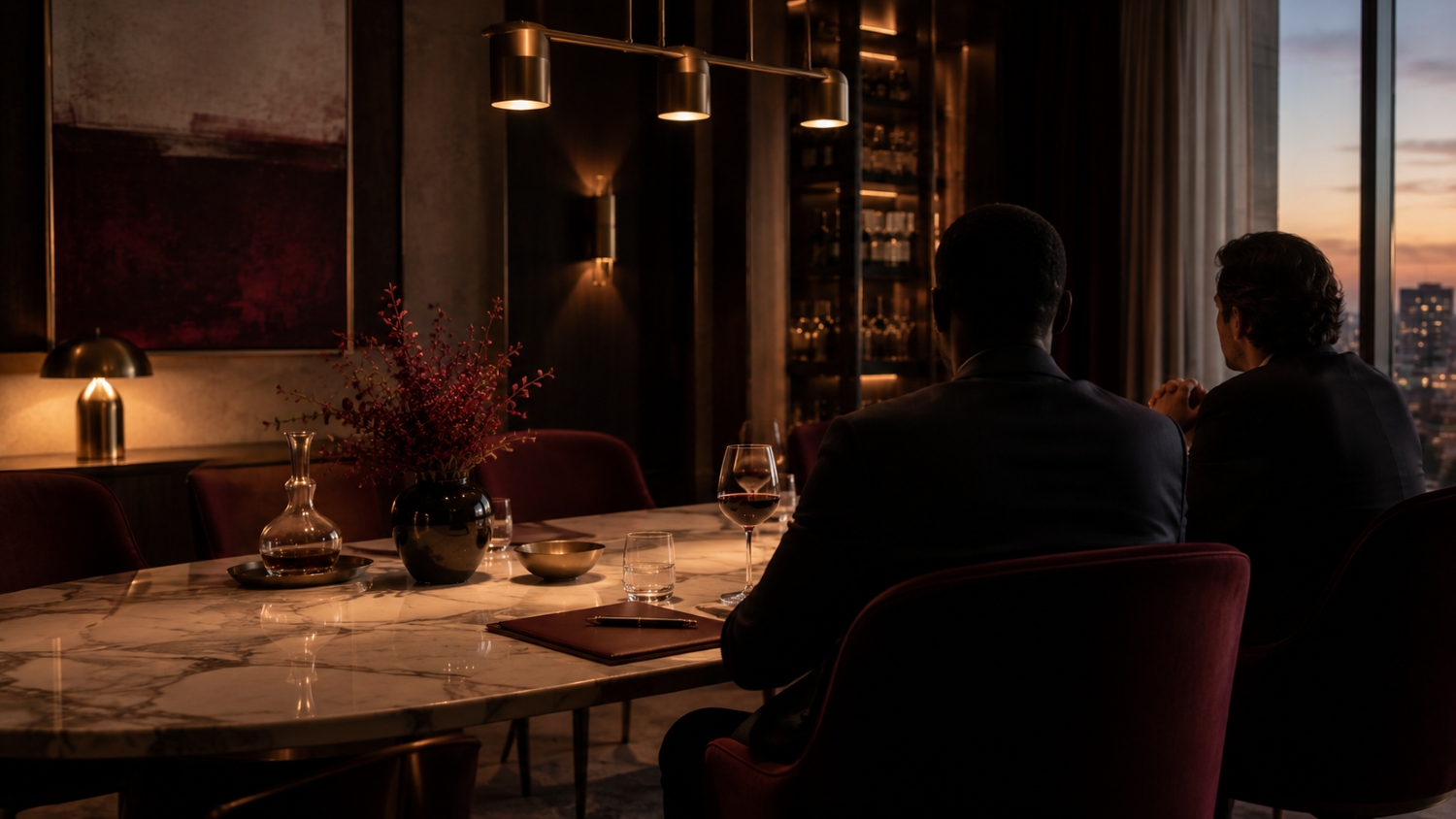 Two figures in silhouette meet in a dimly lit private dining room with a marble table and pendant lights.