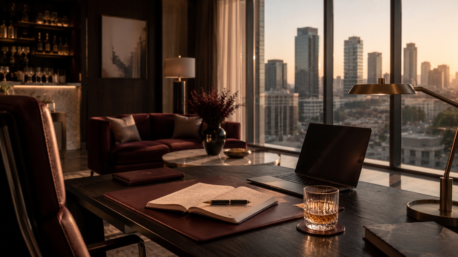 An executive desk detail — an open journal, a brass lamp, a whiskey glass, city view beyond.