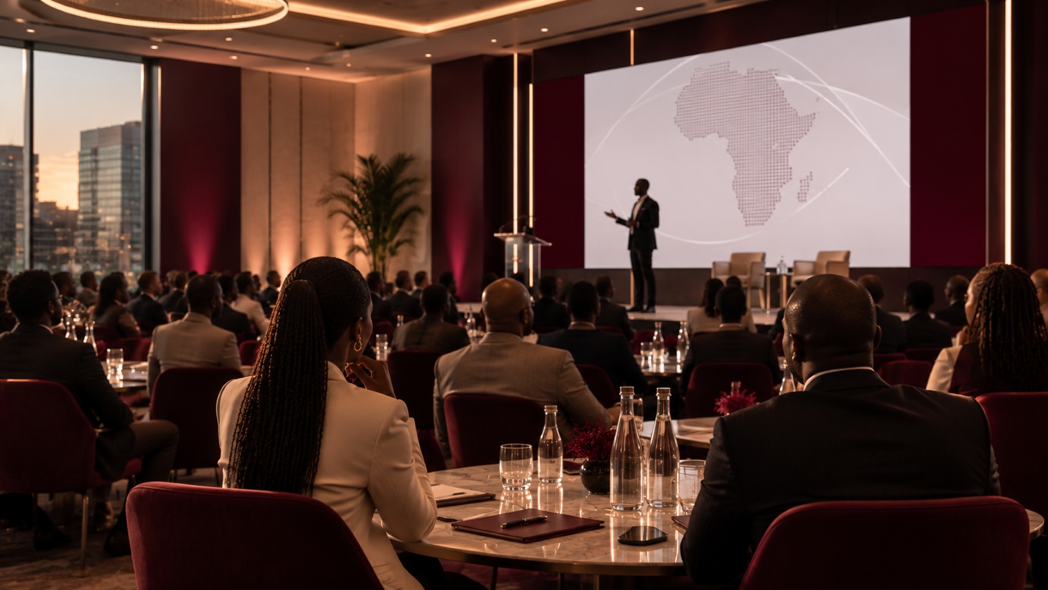 A speaker on stage addressing an engaged audience, with a stylised map of Africa projected behind.