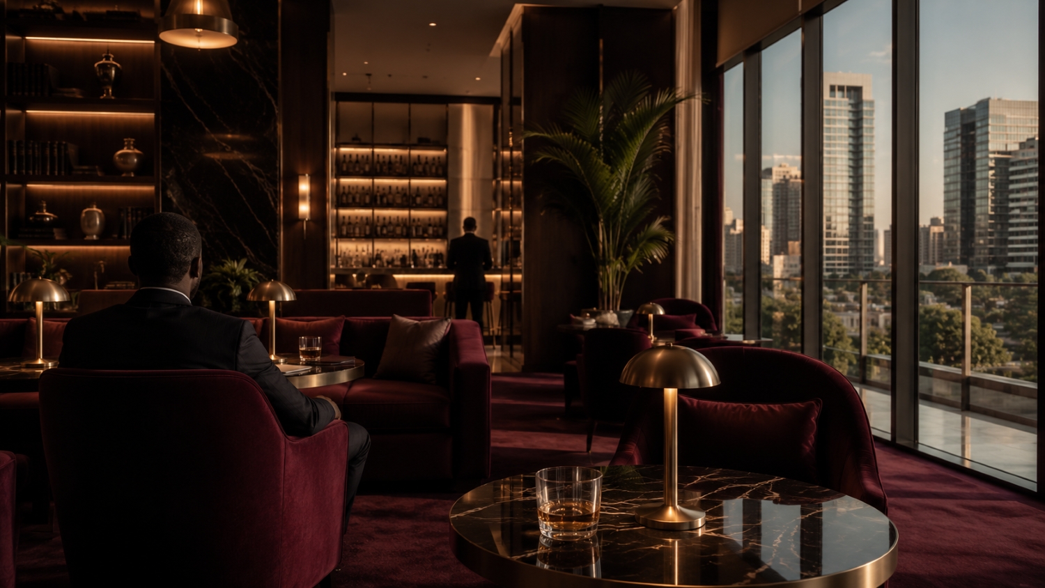 A private lounge in deep burgundy and gold with a lone back-turned figure in the foreground.