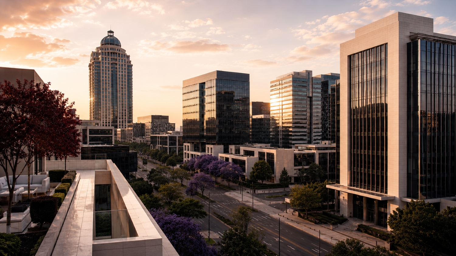 A modern African city skyline at golden hour, jacaranda trees blooming below.