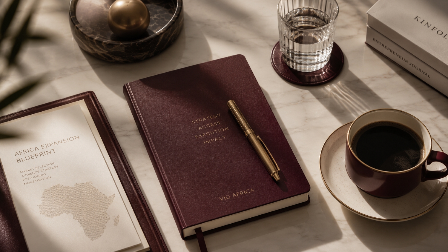 A VIG Africa expansion blueprint and burgundy leather notebook labelled Strategy, Access, Execution, Impact, arranged on a marble surface.